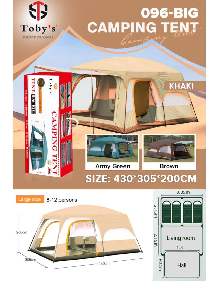 Toby’s New 8–12 Person Double Layer Outdoor Camping Tent – 430 × 305 × 200 cm Big Khaki Tent