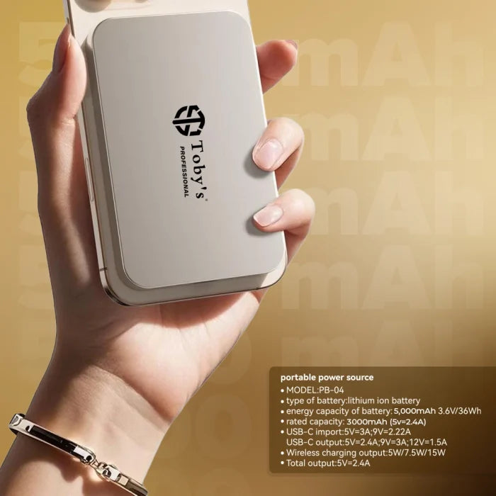 Toby’s PB-04 5000mAh Ultra-Slim Magnetic Power Bank, 15W Wireless & 20W PD with 65W Adapter and Retractable Cable