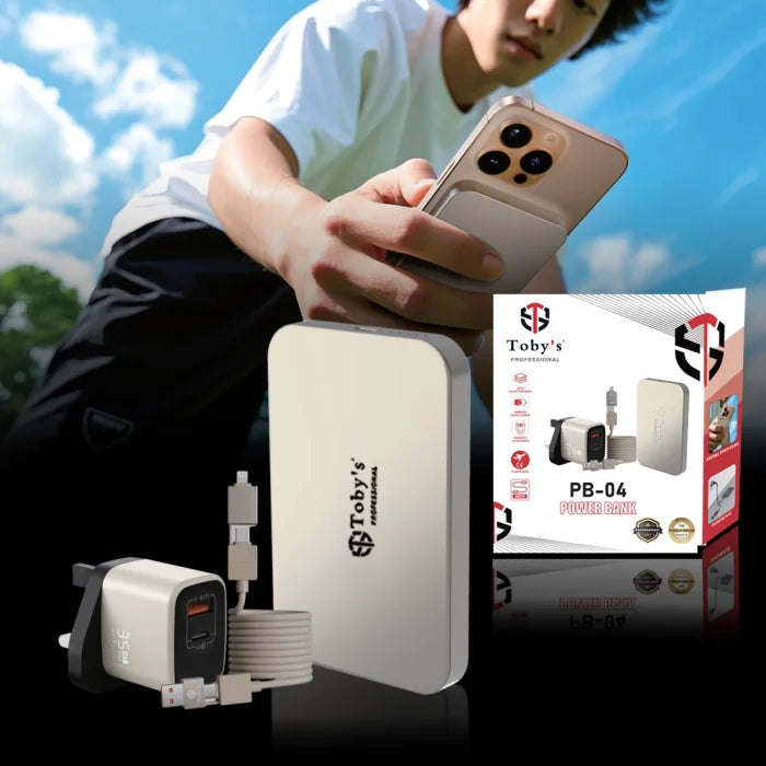 Toby’s PB-04 5000mAh Ultra-Slim Magnetic Power Bank, 15W Wireless & 20W PD with 65W Adapter and Retractable Cable