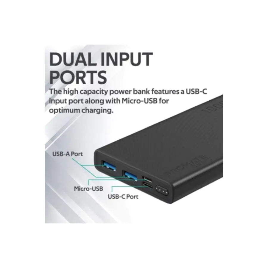 PROMATE | Slim Design 10000mAh Power Bank with LCD – Black