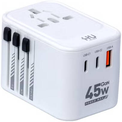 HAC-1001 HU Travel Plug Adapter 2000W – 45W White, UK/US/AU/EU