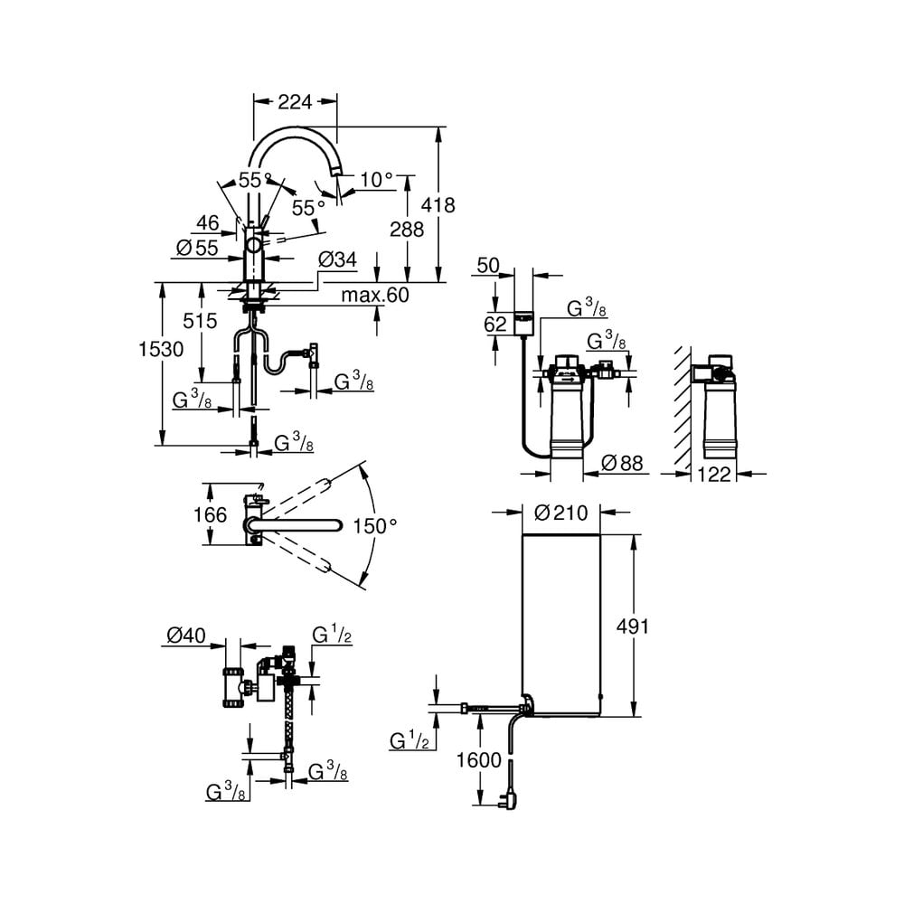 Grohe Red Duo Deck Mounted L‑Size Kitchen Mixer Tap with Boiler