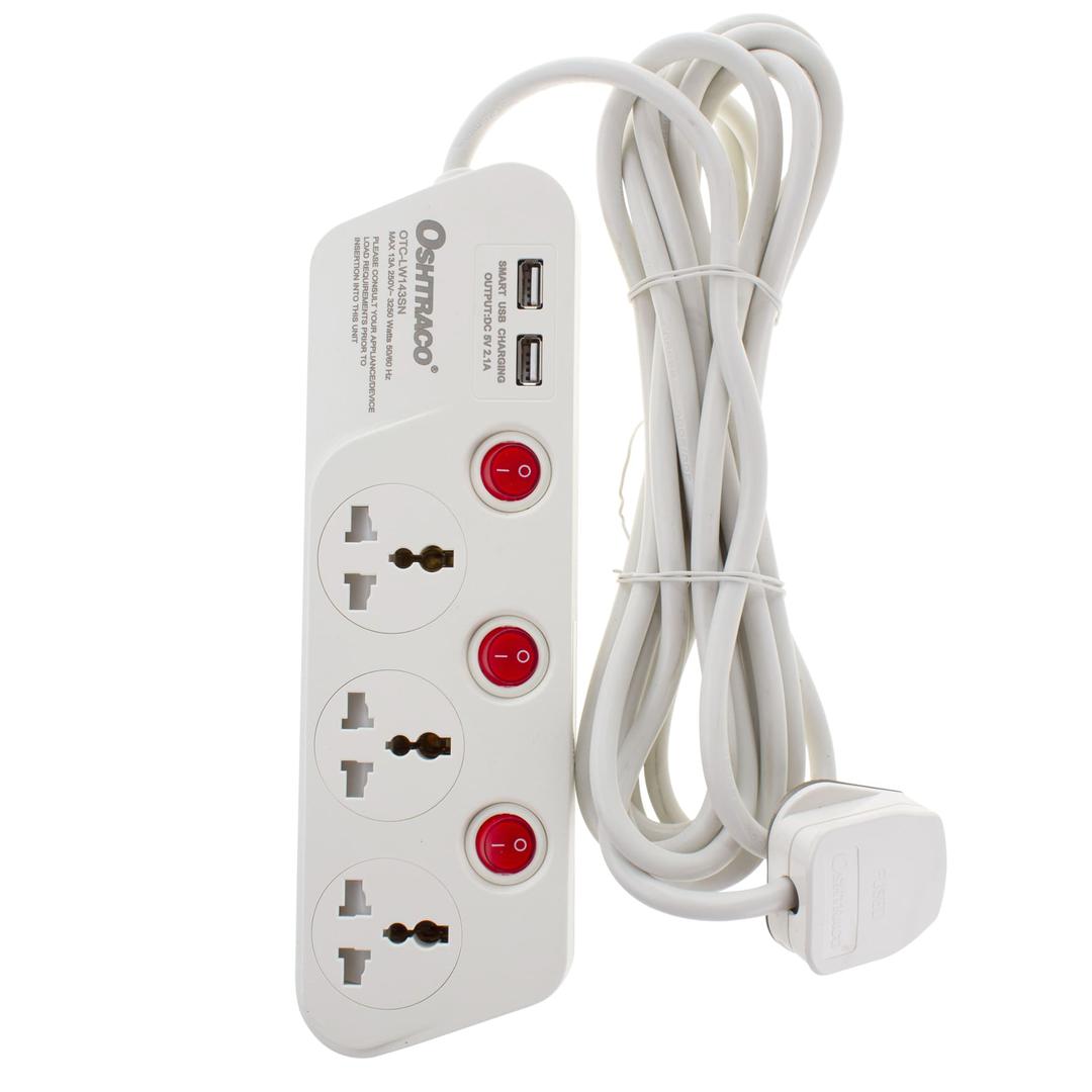 3-way Extension Cord W/ Dual Usb Ports