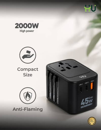 HAC-1001 HU Travel Plug Adapter 45W – Black, 2000W, UK/US/AU/EU