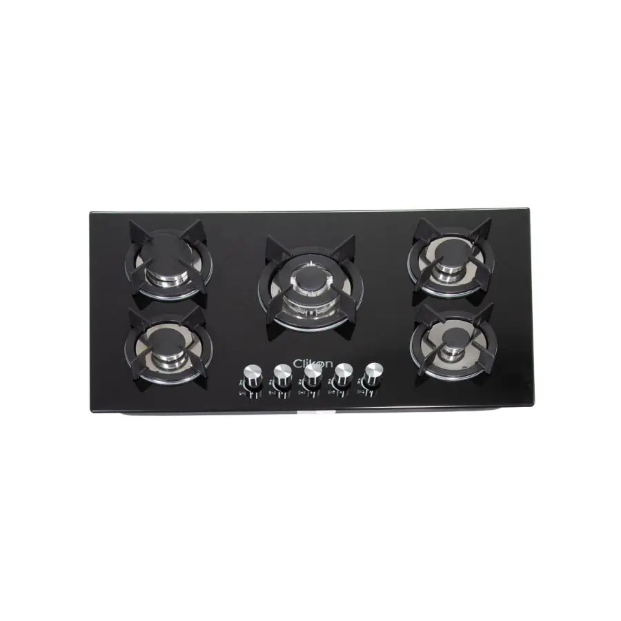 CLIKON | 5 Burner Stainless Steel Glass Top Gas Hob Premium Kitchen Cooktop