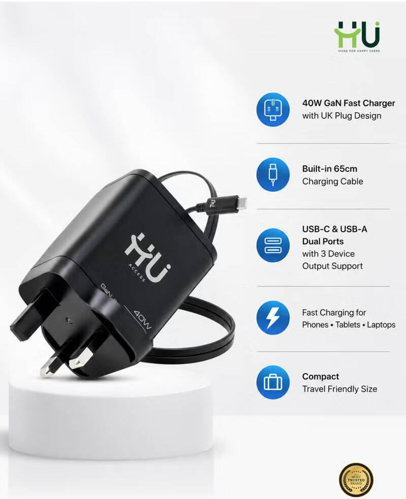 HAC-1045 GaN Fast Charger, 40W with 3 Ports & UK Plug