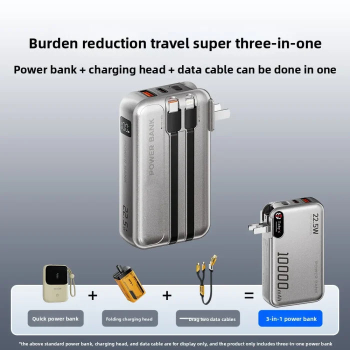 Toby’s PB-01 10000mAh Power Bank & AC Charger, 22.5W Fast Charging with Built-in Lightning & Type-C Cables