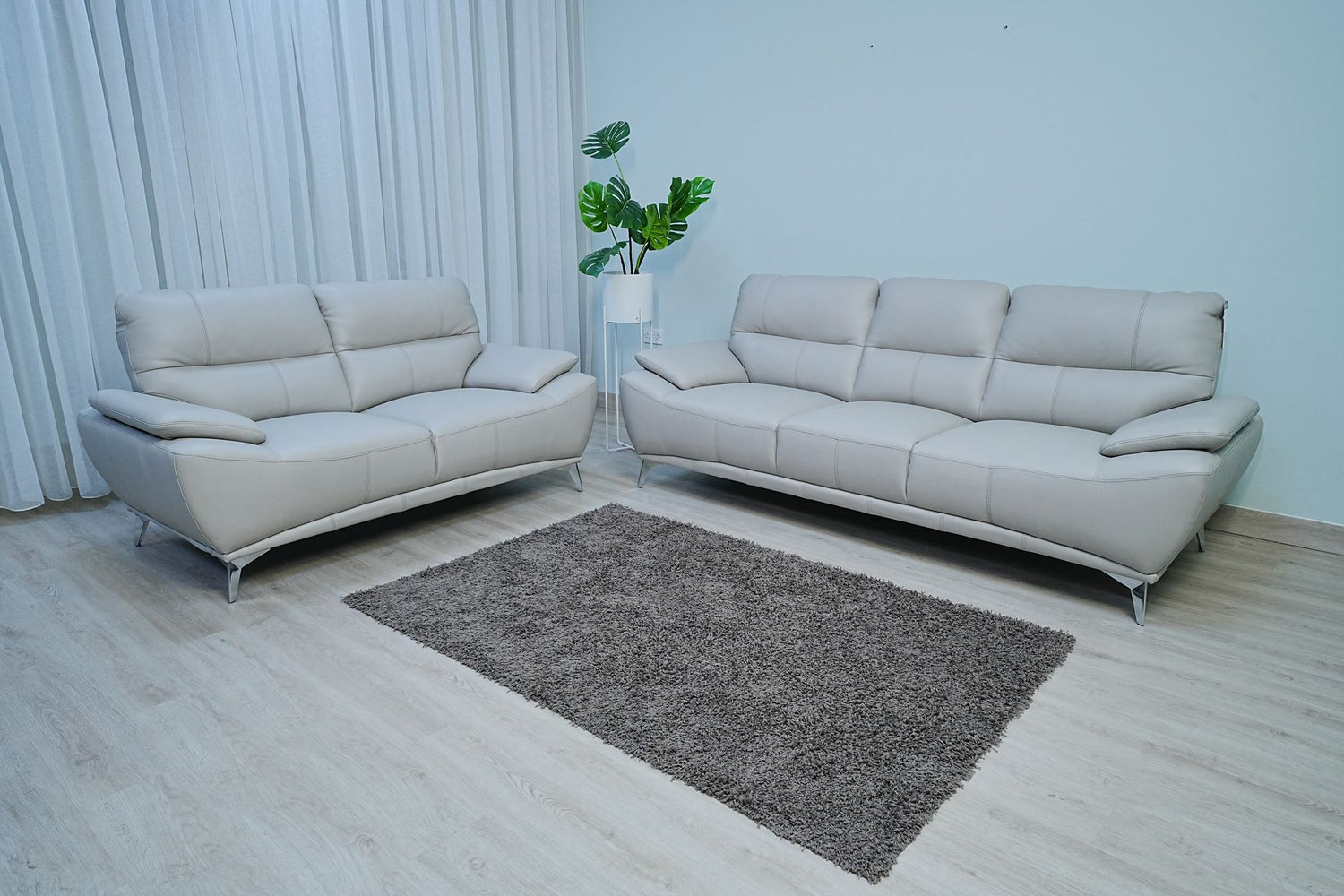 Full Leather Sofa Set (Light Grey)