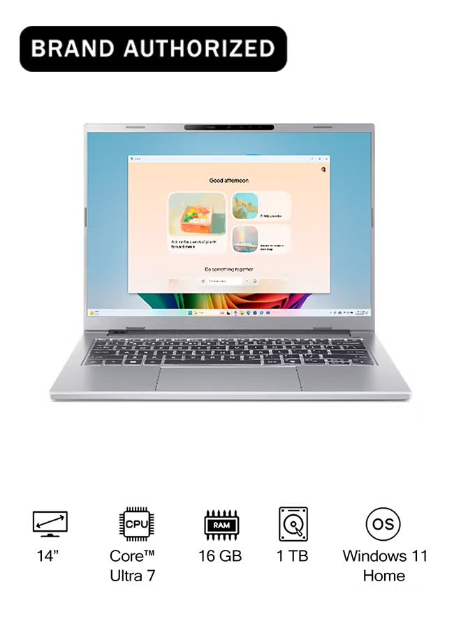 Acer Aspire A14 AI Laptop 14" WUXGA Display, Core Ultra 7-256V, 16GB RAM, 1TB SSD, Intel Arc 140V Graphics, Windows 11 Home – Pure Silver