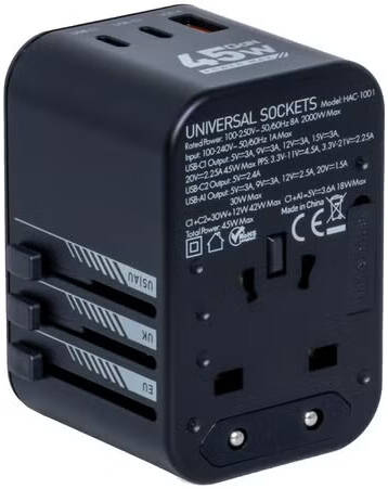 HAC-1001 HU Travel Plug Adapter 45W – Black, 2000W, UK/US/AU/EU