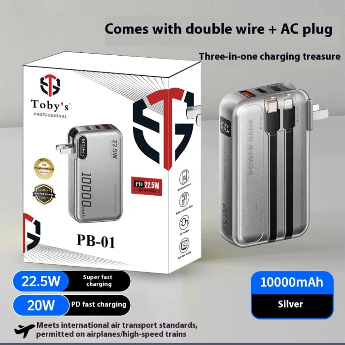 Toby’s PB-01 10000mAh Power Bank & AC Charger, 22.5W Fast Charging with Built-in Lightning & Type-C Cables