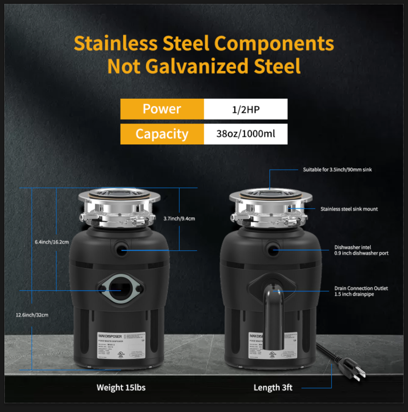 A600 Food Waste Disposer – 3/4 HP DC Motor