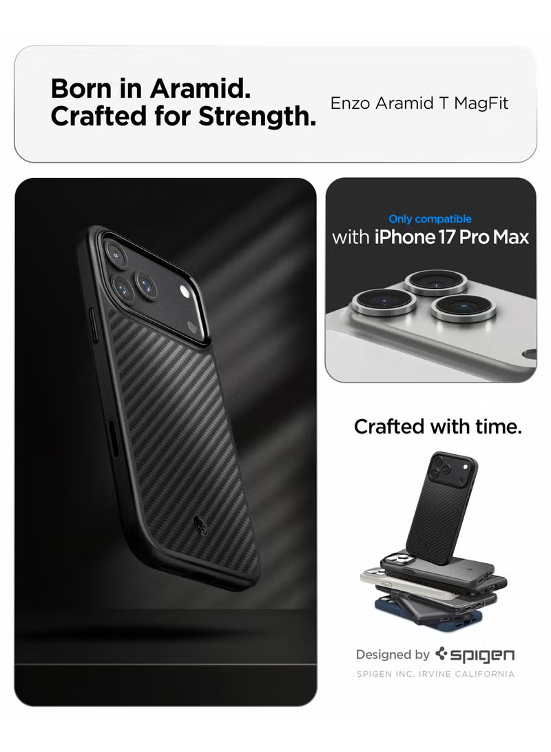 جراب Enzo Aramid T MagFit لهاتف iPhone 17 Pro MAX مع غطاء زر التحكم بالكاميرا، مصنوع من ألياف الأراميد، بتقنية MagSafe - أسود | أسود