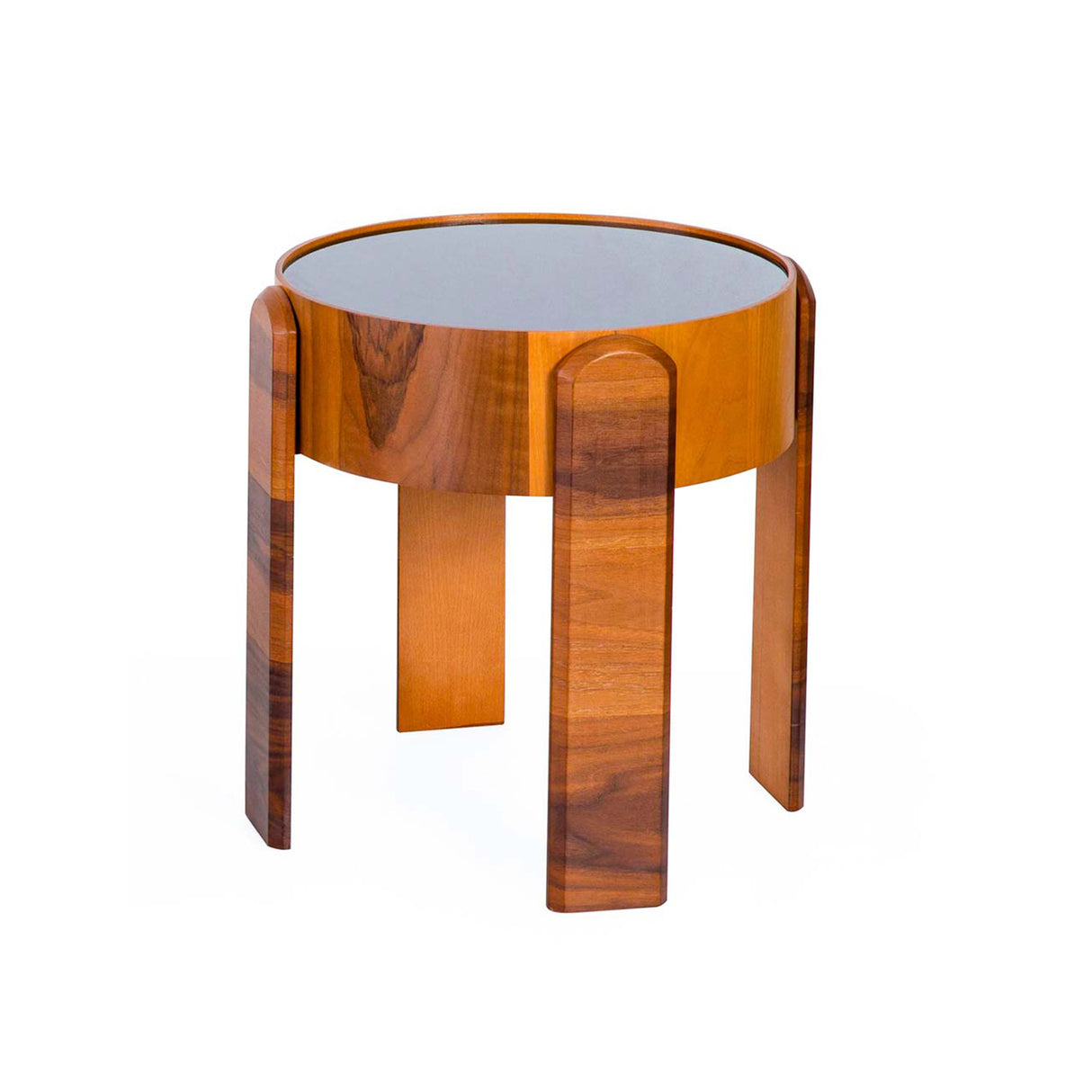 Round Walnut Black Glass Side Table