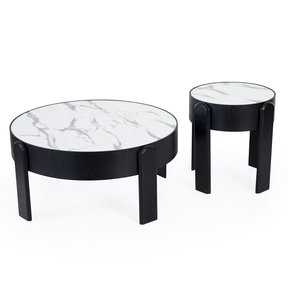 Marble Top Center Table + Side Table Teapoy Combo - Black