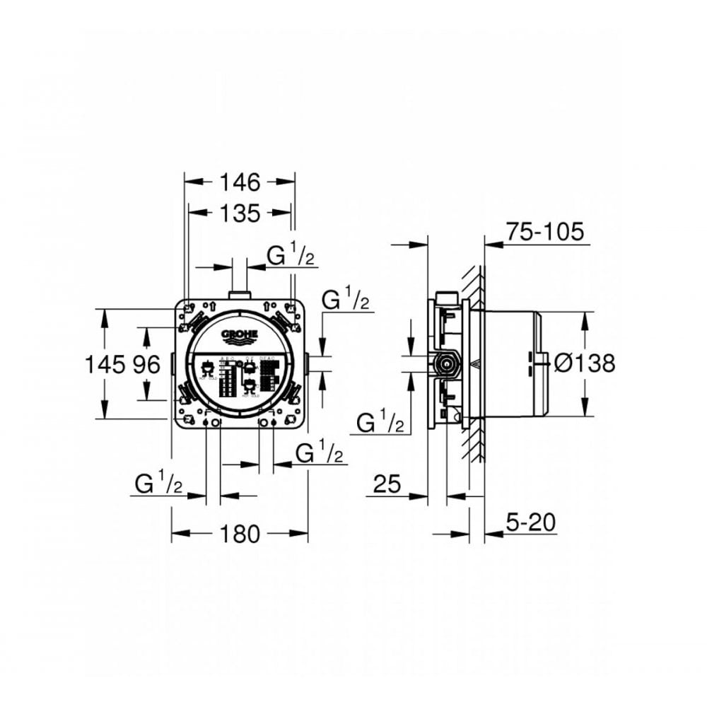 Grohe Grohtherm SmartControl Thermostatic Square Trim for Two Outlets with Integrated Hand Shower Holder