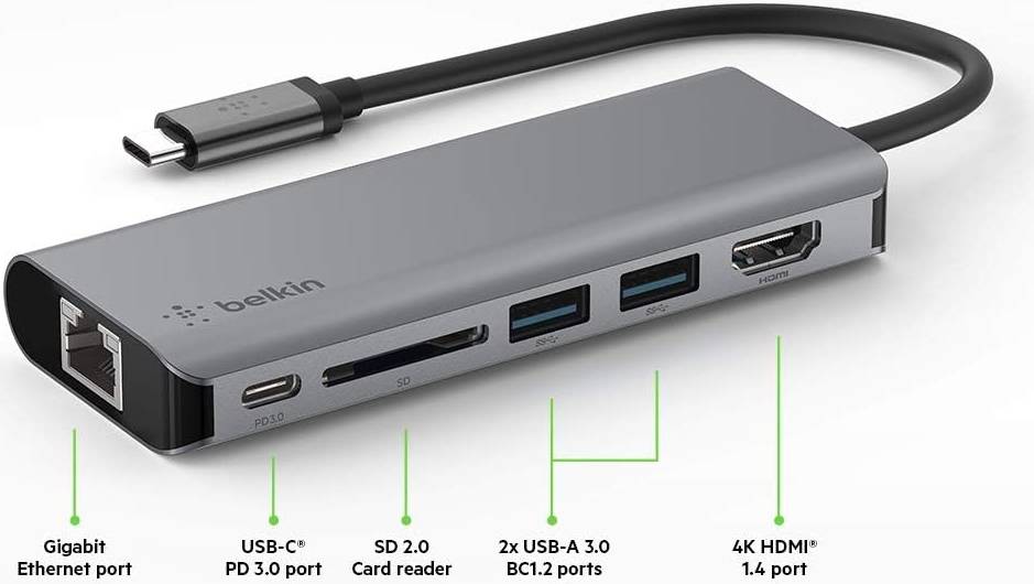 Belkin Connect USB-C 6-in-1 Multiport Adapter, 2x USB3.0/3.1 Type-A, USB3.0/3.1 Type-C,
