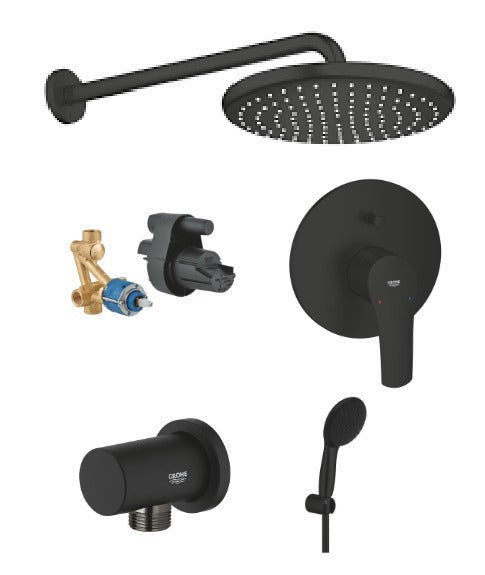 GROHE Concealed Bath & Shower System with Eurosmart Mixer, Tempesta 250 Head Shower & Rainshower Outlet Black Finish)