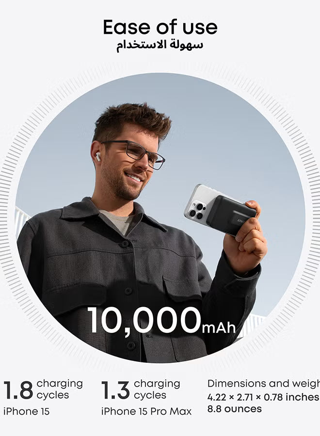 MagGo Power Bank, Qi2 Certified 15W Ultra-Fast MagSafe-Compatible Portable Charger, 10,000mAh Battery Pack with Smart Display and Foldable Stand, For iPhone 17/1615/14 Only(USB-C Cable Include)