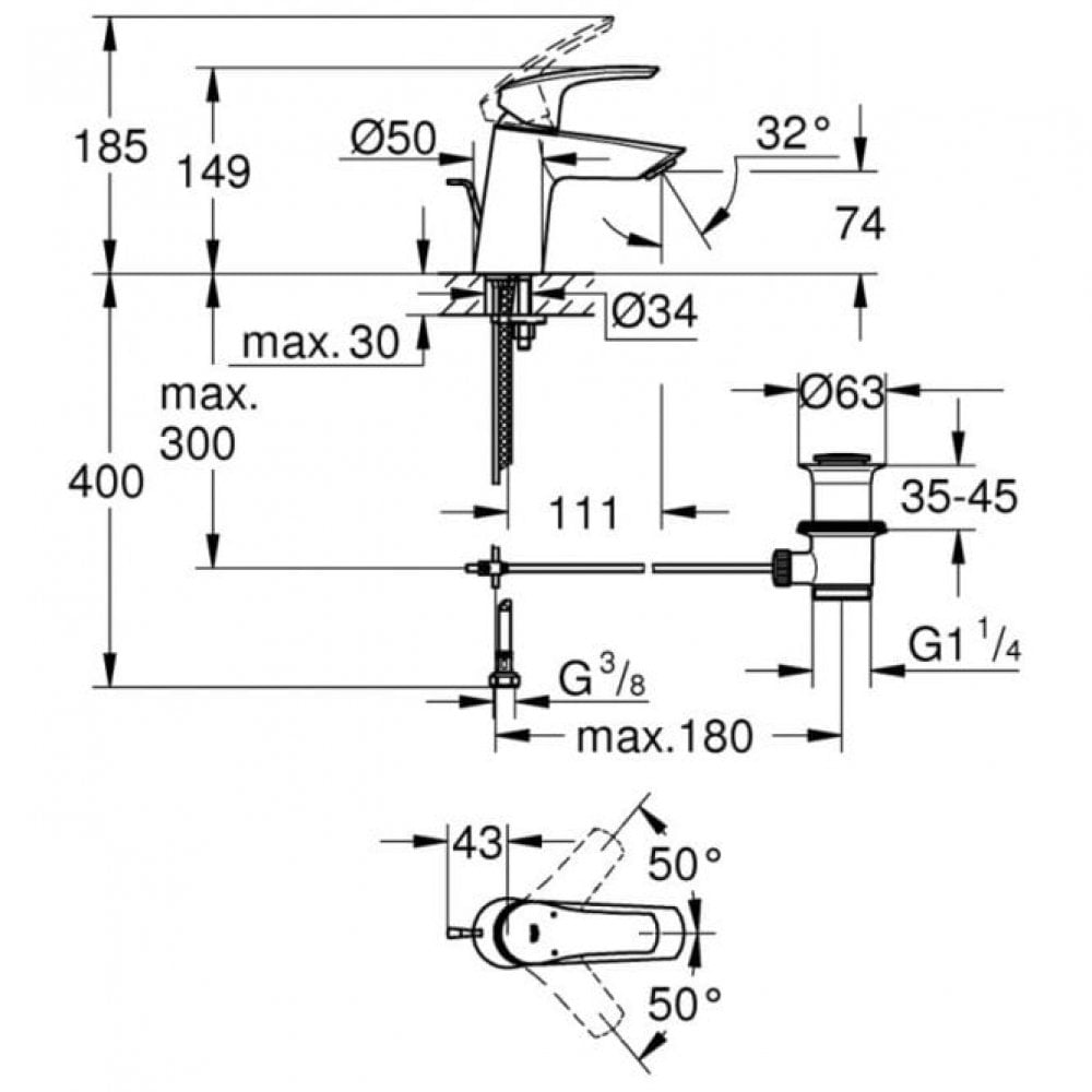 Grohe Eurosmart Angled S-Size Basin Mixer Tap with Waste (Chrome)