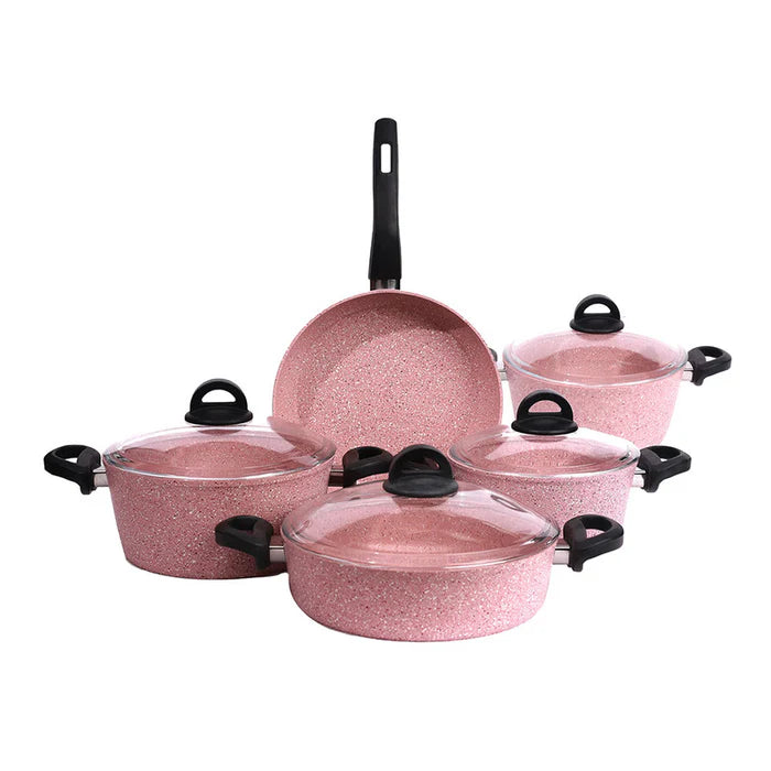 ALM Forged Premium Granite 9 Pieces Pink Cookware Set