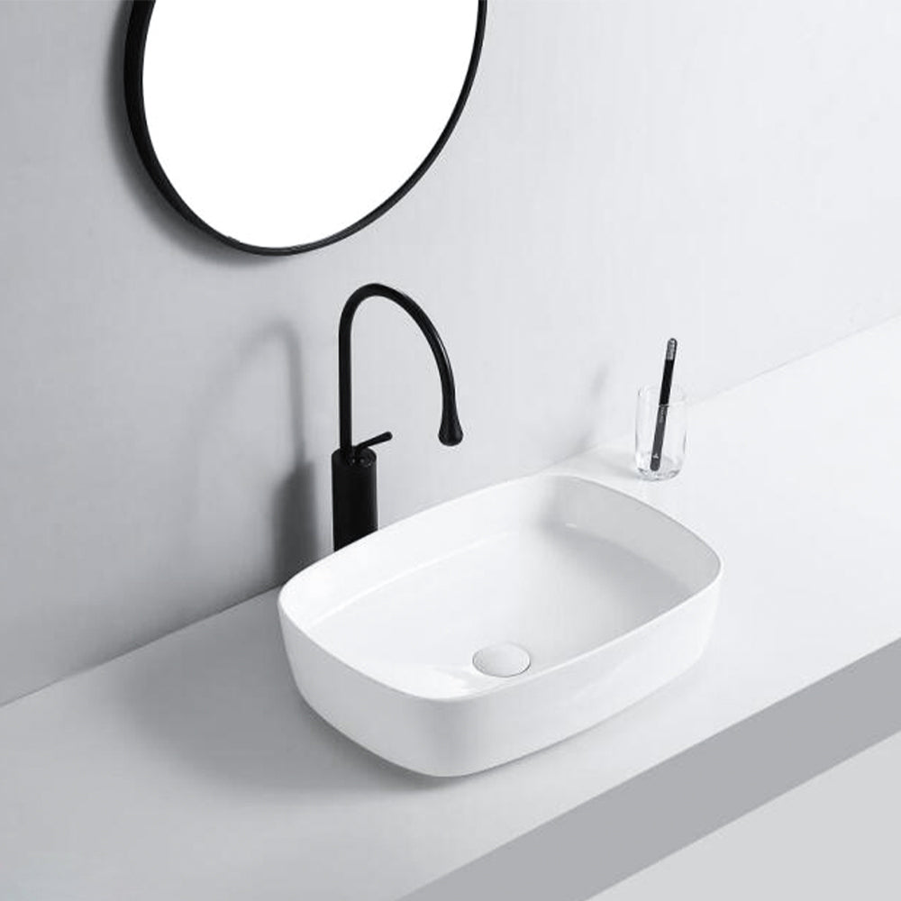 Curved Rectangular Countertop Wash Basin – White