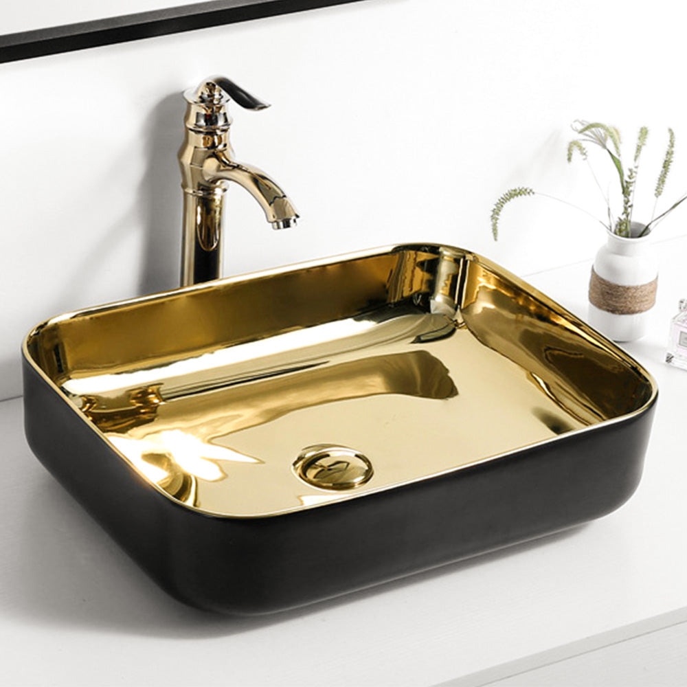 Curved Rectangular Countertop Wash Basin - Matt Black &Gold