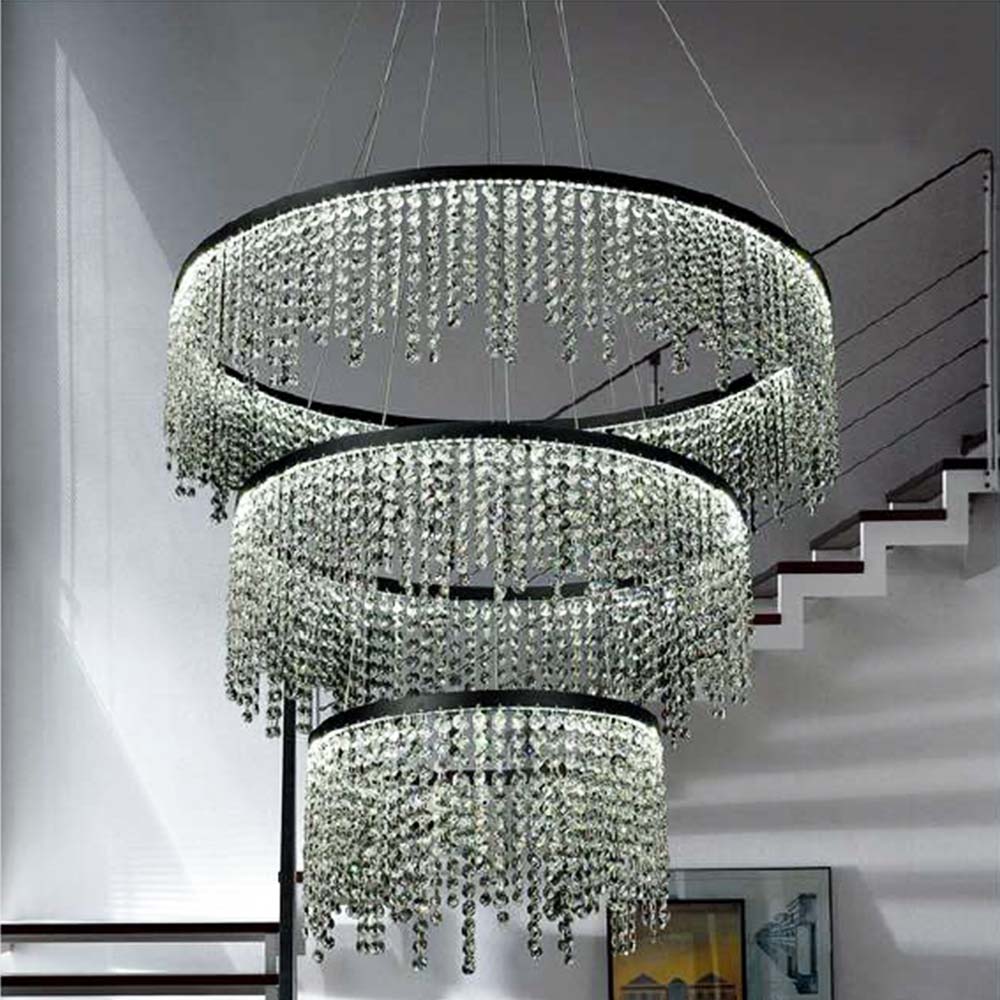 Modern 3-round Black Steel Dimmable Crystal Led Chandelier