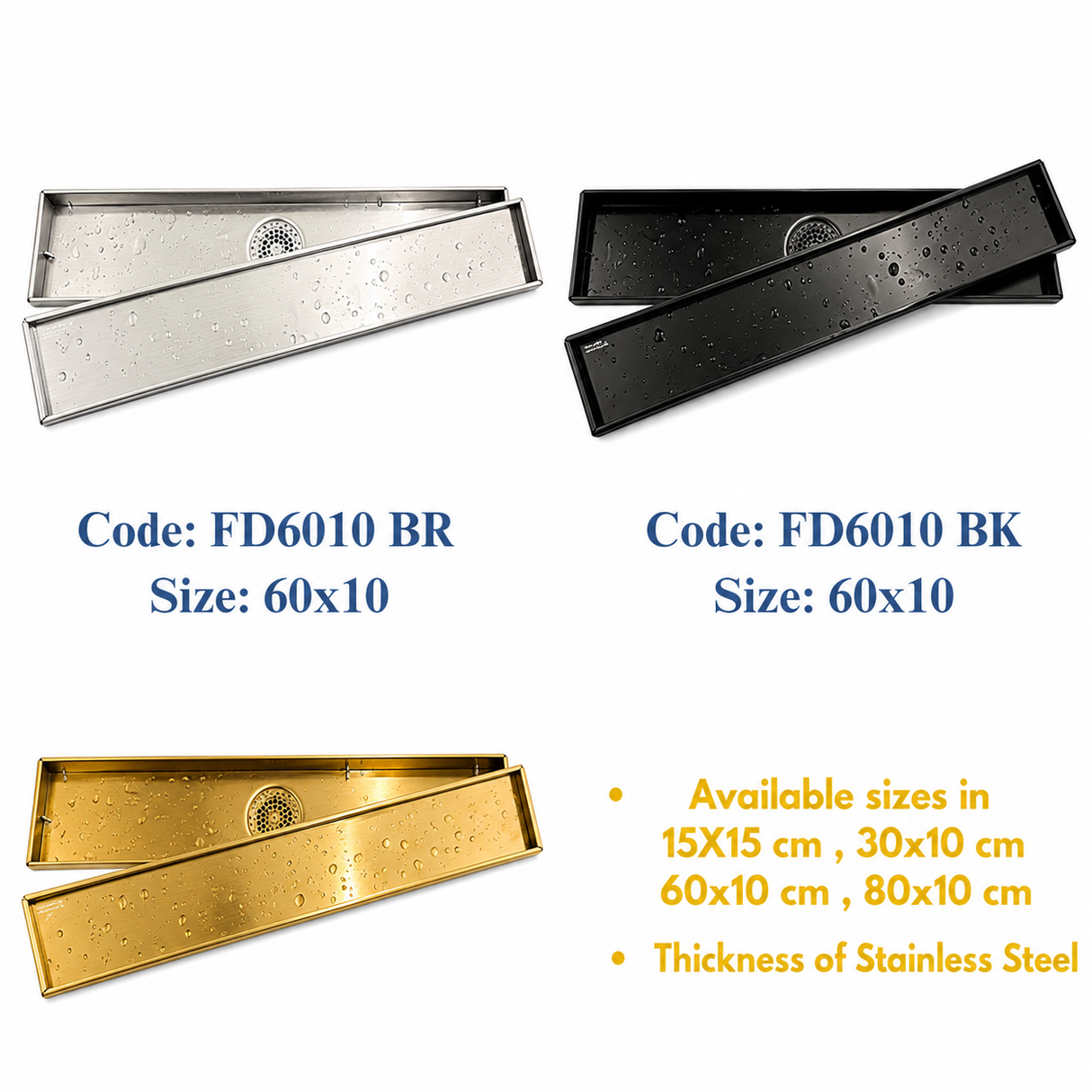 60×10 cm Linear Floor Drain with 4-Inch Outlet – Chrome Finish