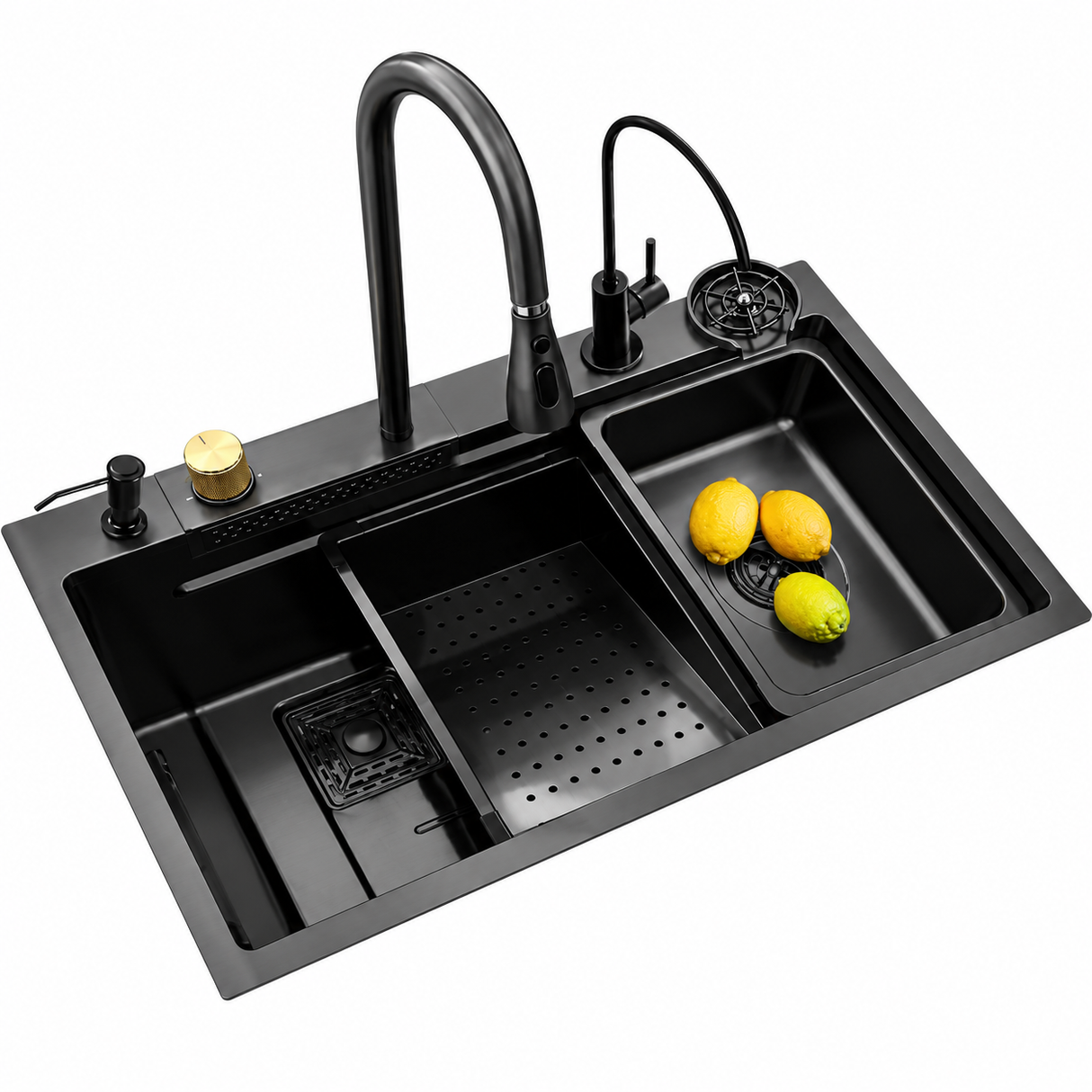 Black Double Bowl Stainless Steel Kitchen Sink with Pull-Out Faucet, Glass Rinser & Soap Dispenser