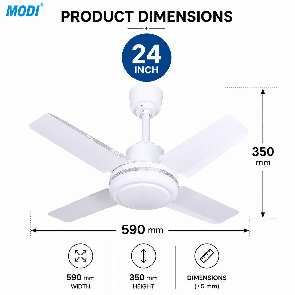 Q166 MODI 24 Inch Ceiling Fan MD-HWF2005 White Without Decor 4 Blade High Speed Ceiling Fan