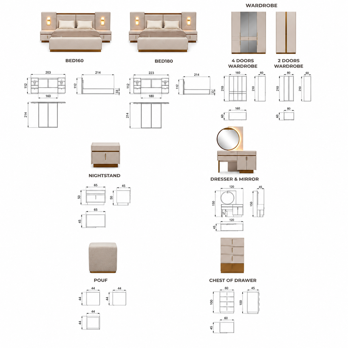 Loren Bedroom Set – 180×200 cm, 6-Piece