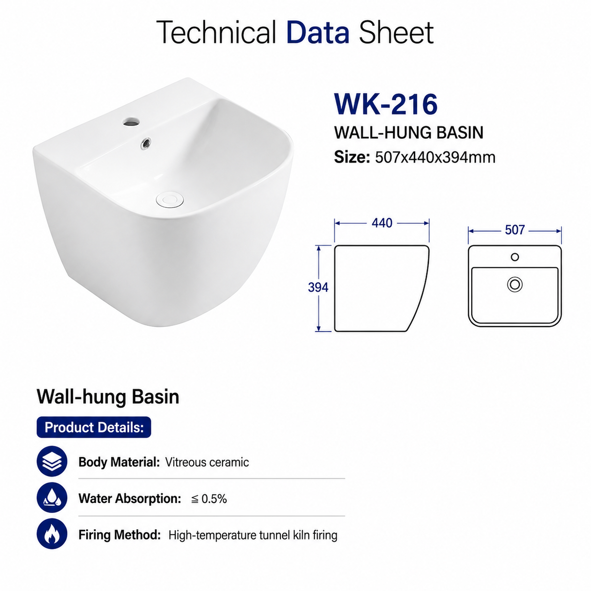 Wall Hung Basin 507×440×394mm – White WK-216