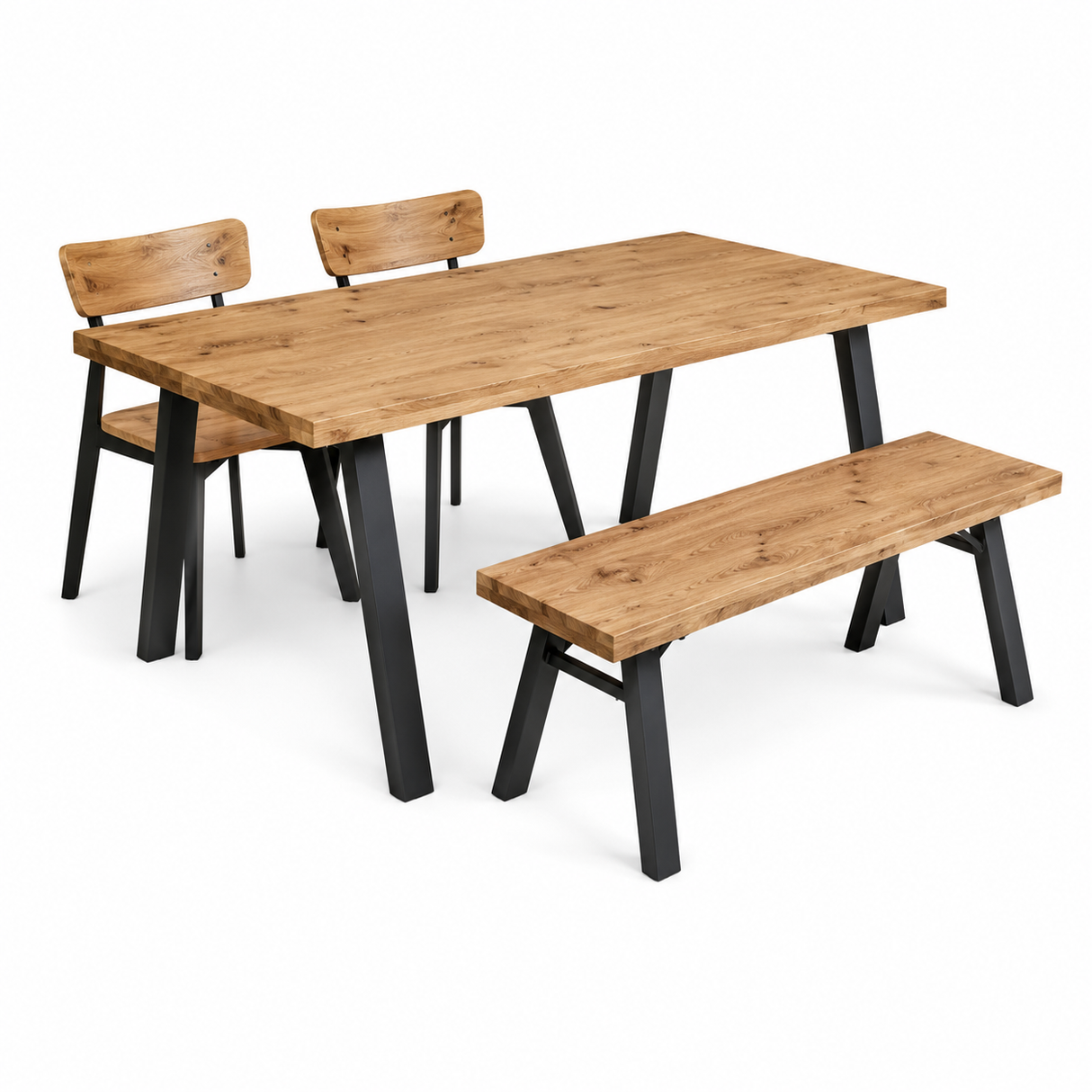 Industrial Table Set 120×65 cm – Wood & Metal – Includes Chairs & Bench