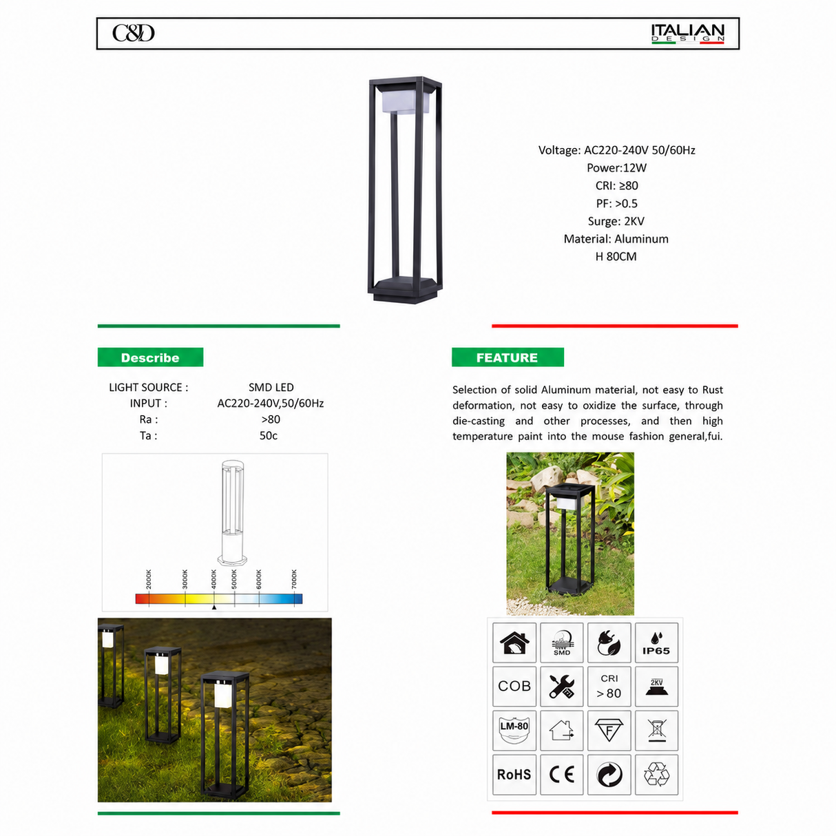 LED Garden Light-CND1001-02 BLACK-H800-12W--Aluminum-(3000K)