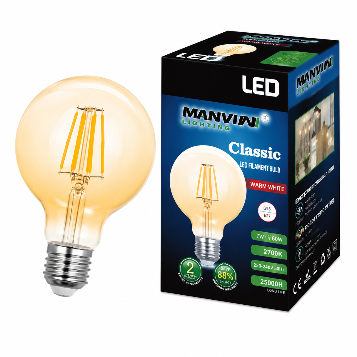 G95 LED Filament Bulb G95 E27 6W Golden Glass(2700K)