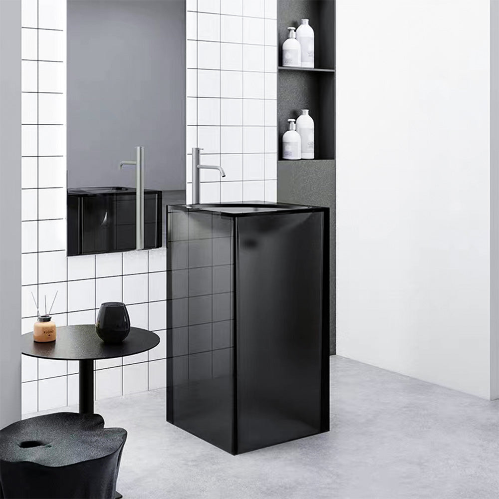 Round Glass Pedestal Wash Basin With Led Lights - Galaxy Black