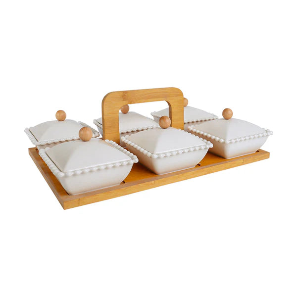 Red Cherry 6 Piece Dish With Bamboo Stand