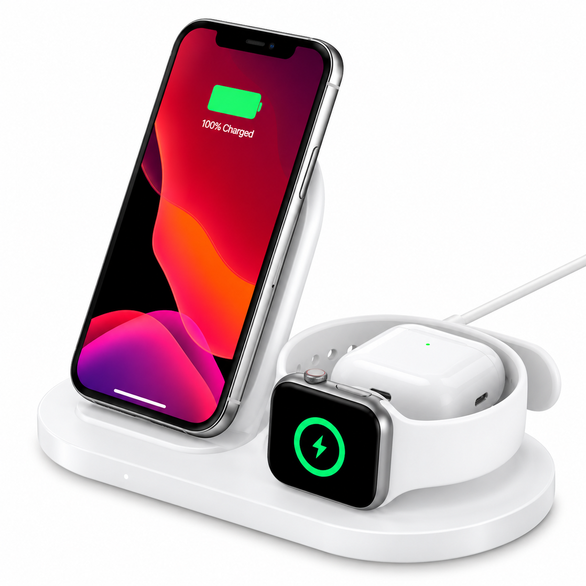 شاحن BoostCharge Pro اللاسلكي 3 في 1 - شحن سريع 7.5 واط معتمد بتقنية Qi لأجهزة iPhone من سلسلة 15/14/13/12/11 والطرازات الأقدم، وساعات Apple Watch من السلسلة 5/4/3/2/1، وسماعات AirPods Pro والأجهزة التي تدعم تقنية Qi - أبيض