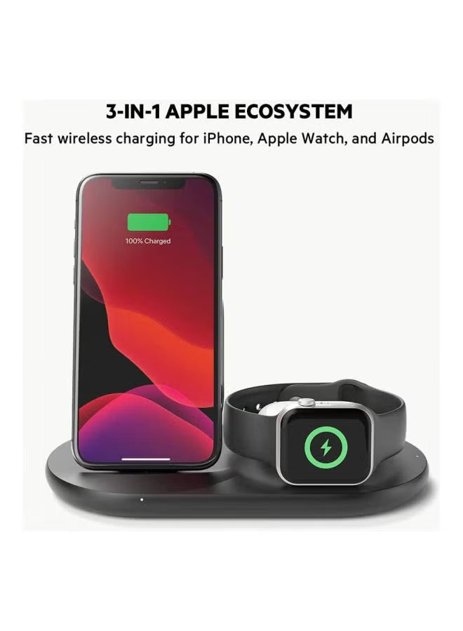 BoostCharge 3-In-1 Wireless Charger, Apple Charger - 7.5W Fast Qi Certified Wireless Charger For iPhone 15, 14, 13, Apple Watch Series 9,8,7 And Airpods Pro Qi Enabled Devices Black