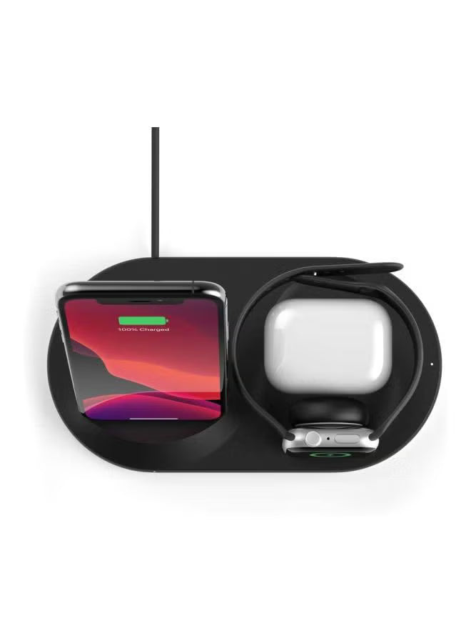 BoostCharge 3-In-1 Wireless Charger, Apple Charger - 7.5W Fast Qi Certified Wireless Charger For iPhone 15, 14, 13, Apple Watch Series 9,8,7 And Airpods Pro Qi Enabled Devices Black