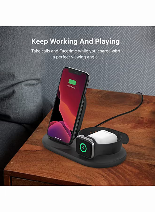 BoostCharge 3-In-1 Wireless Charger, Apple Charger - 7.5W Fast Qi Certified Wireless Charger For iPhone 15, 14, 13, Apple Watch Series 9,8,7 And Airpods Pro Qi Enabled Devices Black