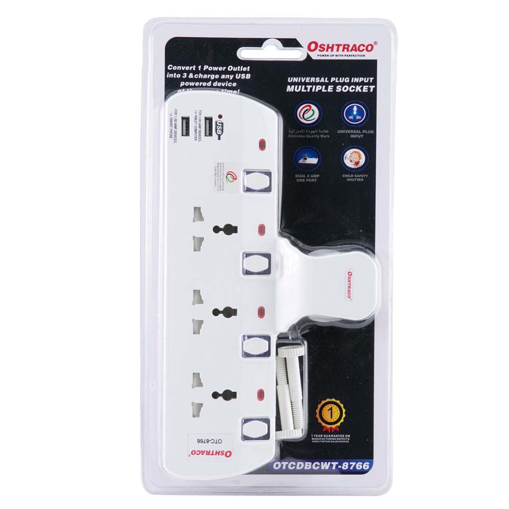 سلك تمديد أوشتراكو العالمي بثلاثة منافذ مع منفذ USB
