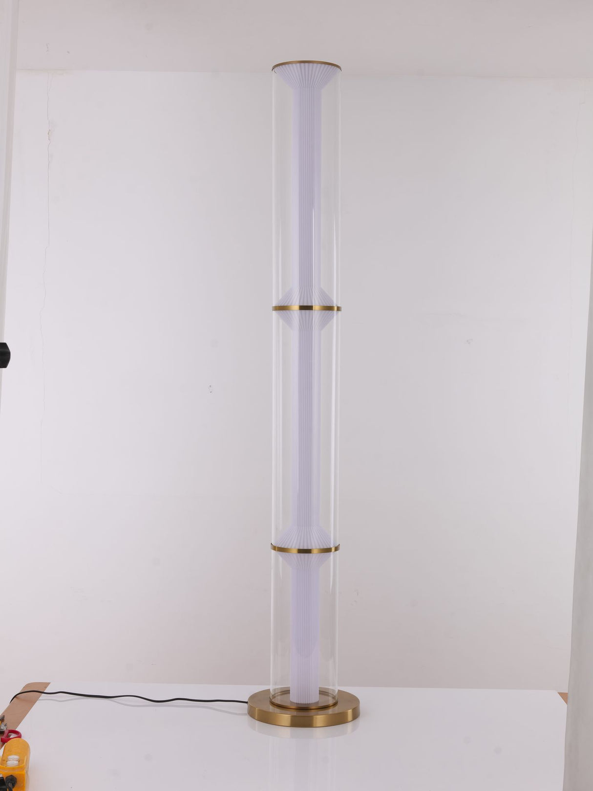 Floor lamp-1348F2-D255*H1350-Golden+Clear-Aluminum+Glass