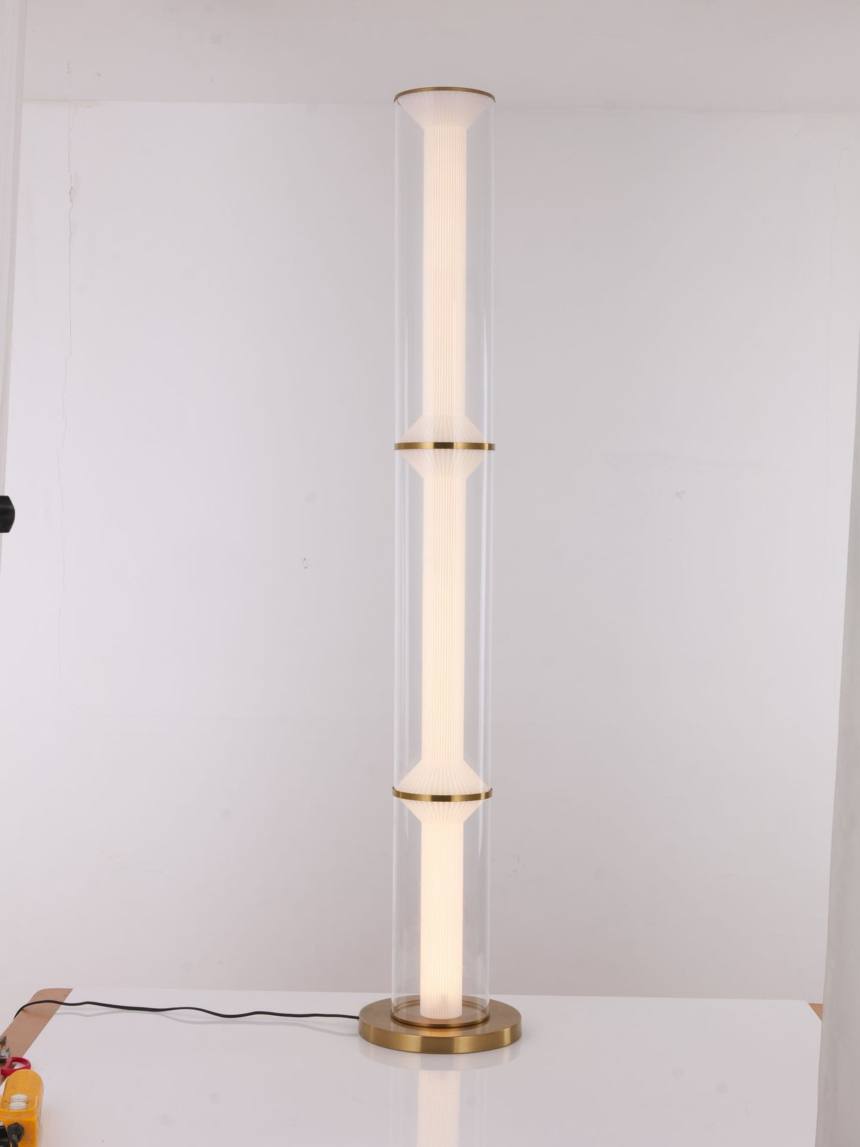 Floor lamp-1348F2-D255*H1350-Golden+Clear-Aluminum+Glass