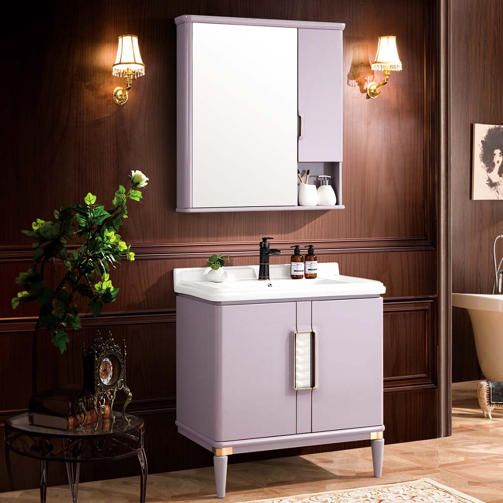 Ceramic Wash Basin With Frame Mirror - Light Pink