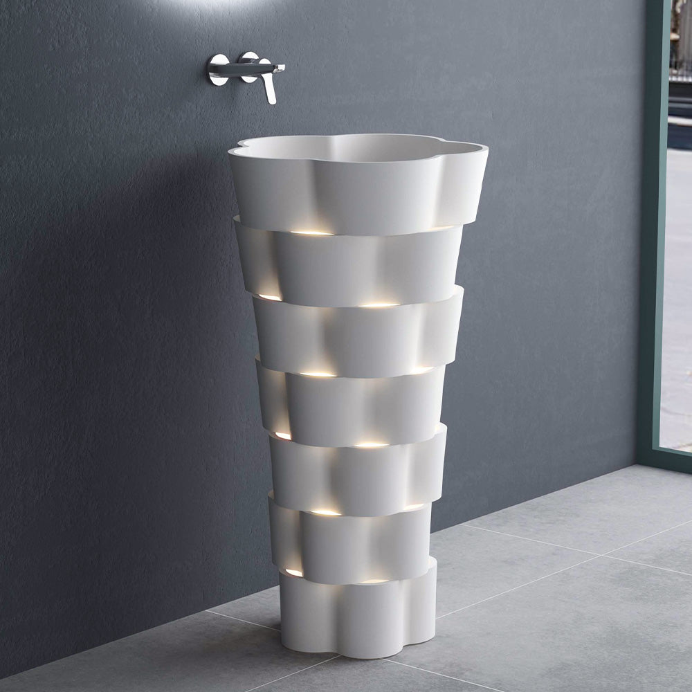 Free Standing Pedestal Solid Wash Basin With Led Light - White