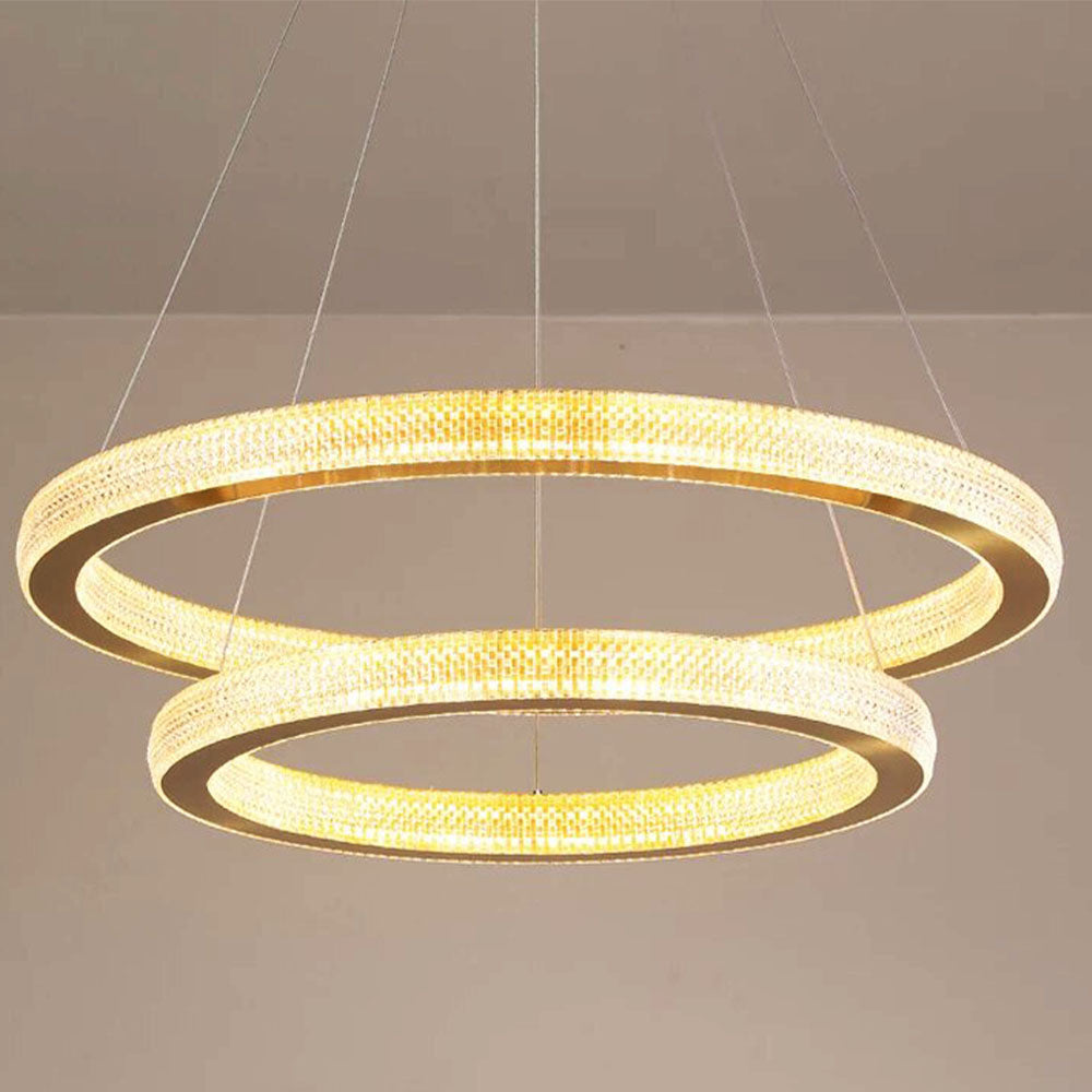 مصباح معلق فاخر وعصري من النحاس المطلي بالذهب، مزود بحلقتين من الكريستال وإضاءة LED - (d600-d80) 80 واط (3 ألوان)