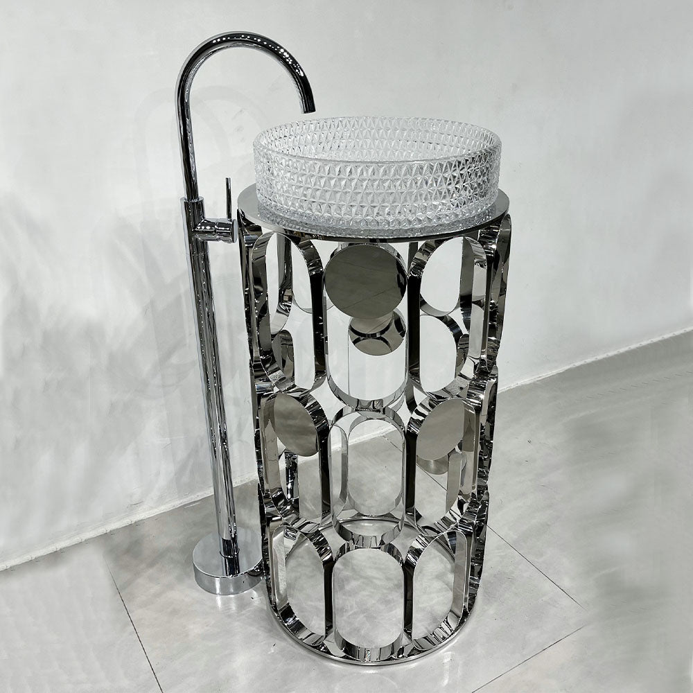 Clear Glass Wash Basin With Full Pedestal Silver Washstand And Standing Faucet