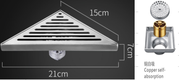 T4 Triangle Floor Drain 21x15 cm – Stainless Steel with Copper Self-Sealing Core